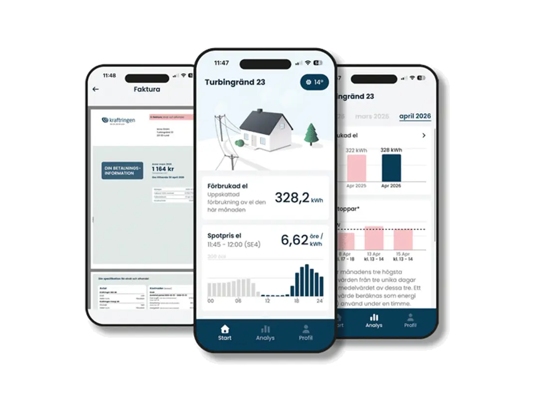 Illustration av Kraftringens app, med tre olika vyer på tre mobiltelefoner.
