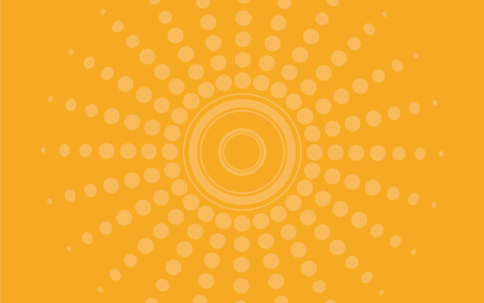 Illustration i orange med sol med solstrålar i punkter