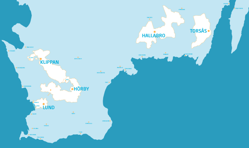 Illustrerad karta över Skåne, Blekinge och Halland med markering på Kraftringens elnätsområden