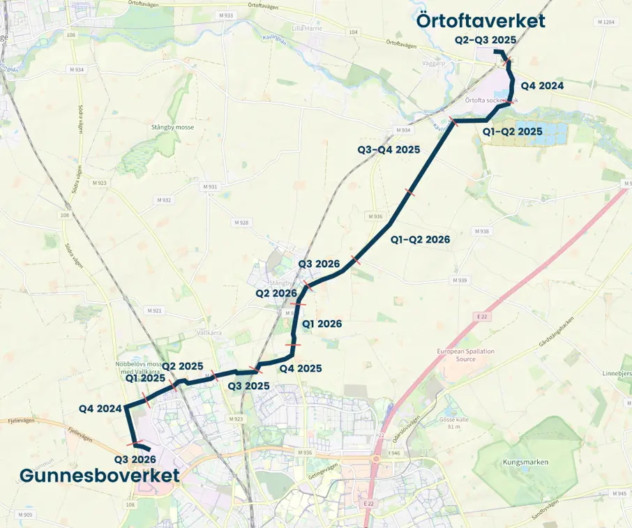 Karta över grävarbete mellan Örtofta och Gunnesbo